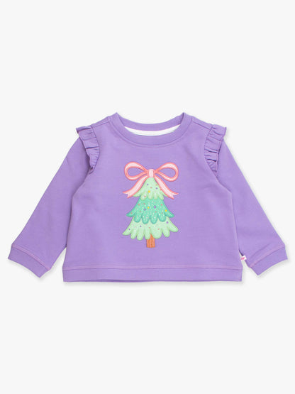 Girls Purple Twinkling Tree Bow Applique Flutter Sweatshirt
