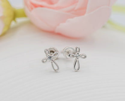 Sterling Silver Screw-Back Infinity Cross Earrings