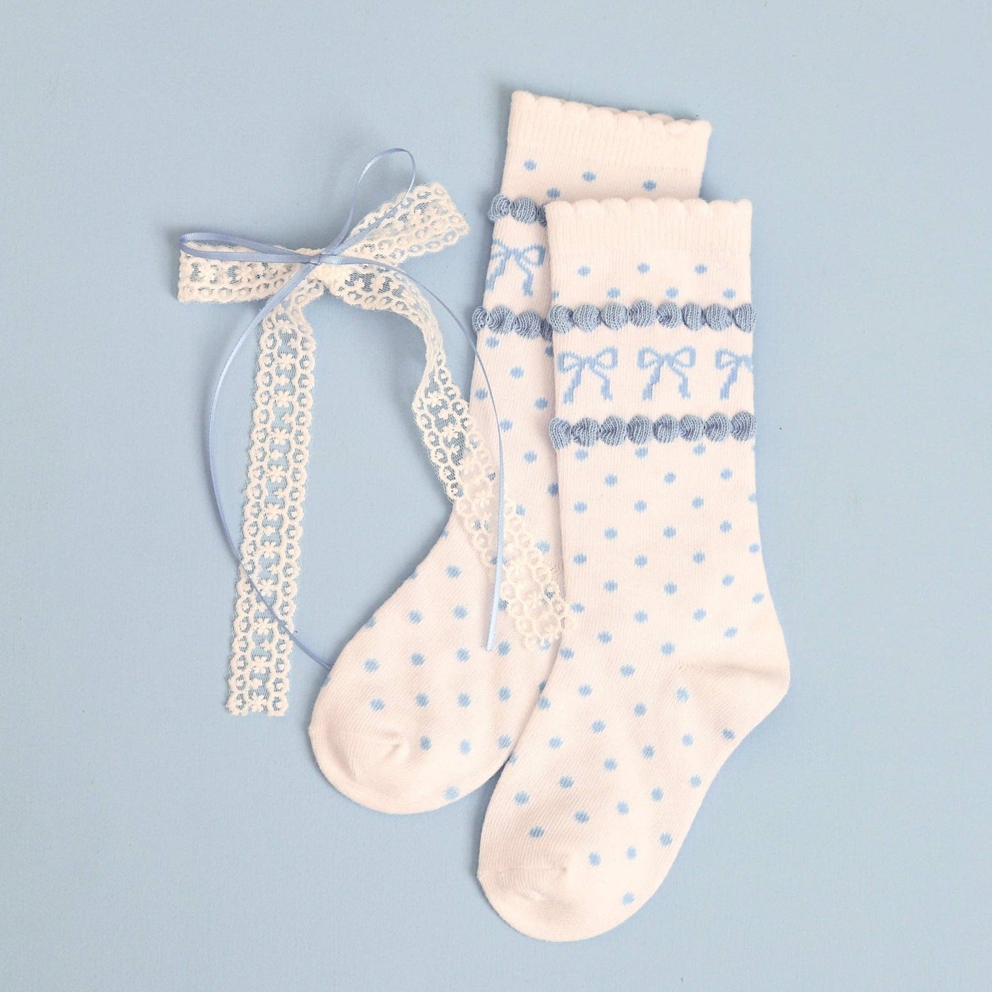 Blue Bow Scalloped Knee Socks